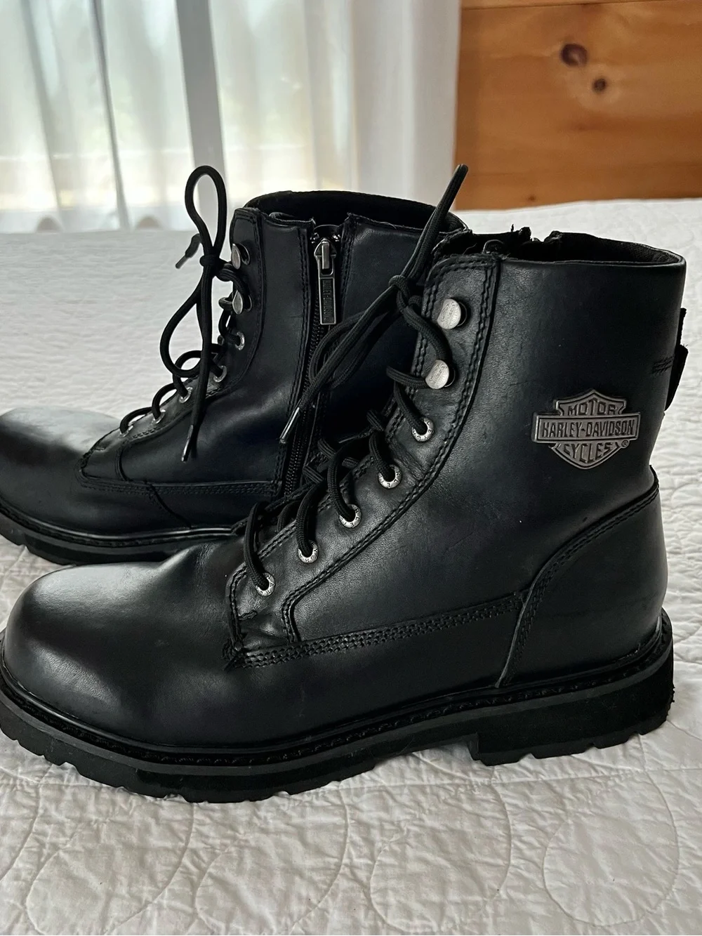 Harley-Davidson Black Leather Lace-Up Side-Zip Moto Boots Bikercore Rugged